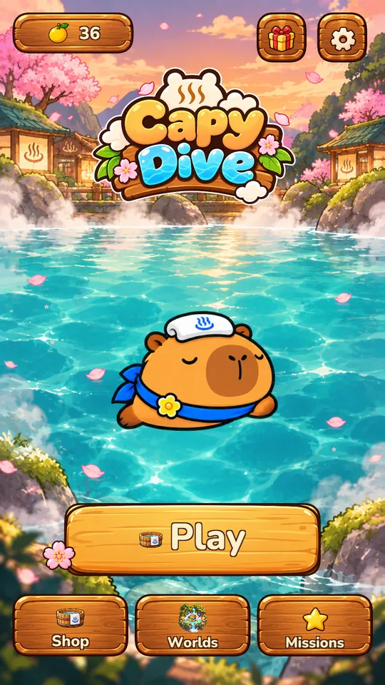 Capy Dive main menu with Dada floating in a sunset hot spring