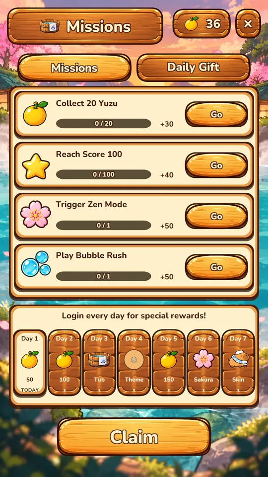 Missions and daily gift screen