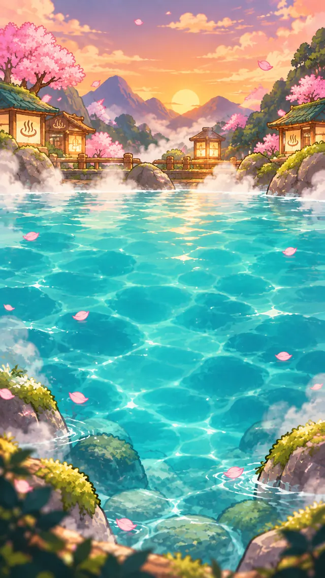 Forest Onsen at sunset with cherry blossoms