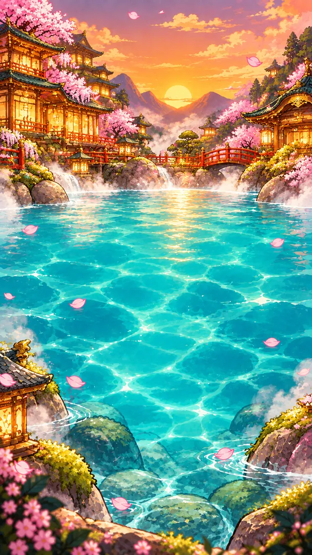 Luxury Onsen palace with red bridges