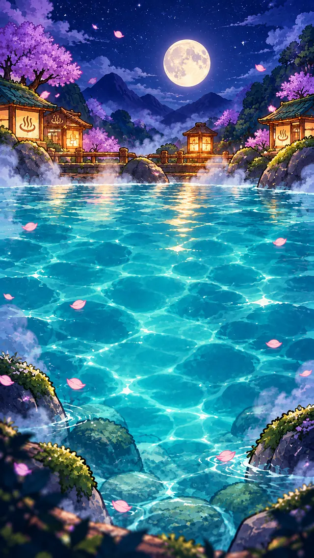 Night Onsen under a full moon and lanterns