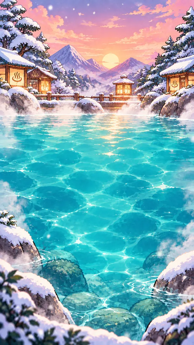 Snow Onsen with steaming water and snowy pines